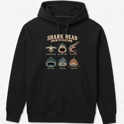 Vintage illustrated T-shirt showing various shark heads with identification text — printed on a unisex hoodie