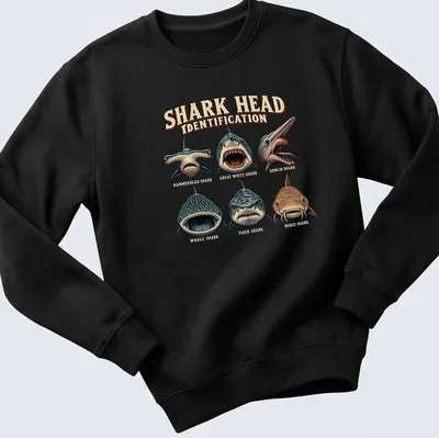 Vintage illustrated T-shirt showing various shark heads with identification text — printed on a unisex sweatshirt