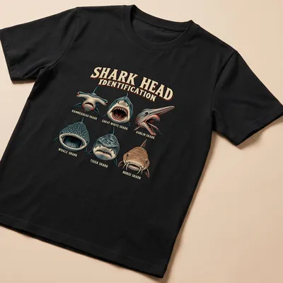 Vintage illustrated T-shirt showing various shark heads with identification text