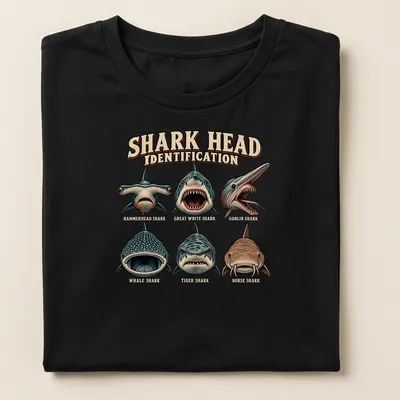Vintage illustrated T-shirt showing various shark heads with identification text — printed on a women's shirt