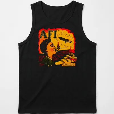 Colorful illustration with text 'AFI Shut your mouth and open your eyes' and a surreal background — printed on a tank top