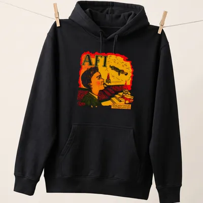 Colorful illustration with text 'AFI Shut your mouth and open your eyes' and a surreal background — printed on a unisex hoodie