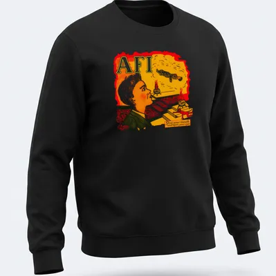 Colorful illustration with text 'AFI Shut your mouth and open your eyes' and a surreal background — printed on a unisex sweatshirt