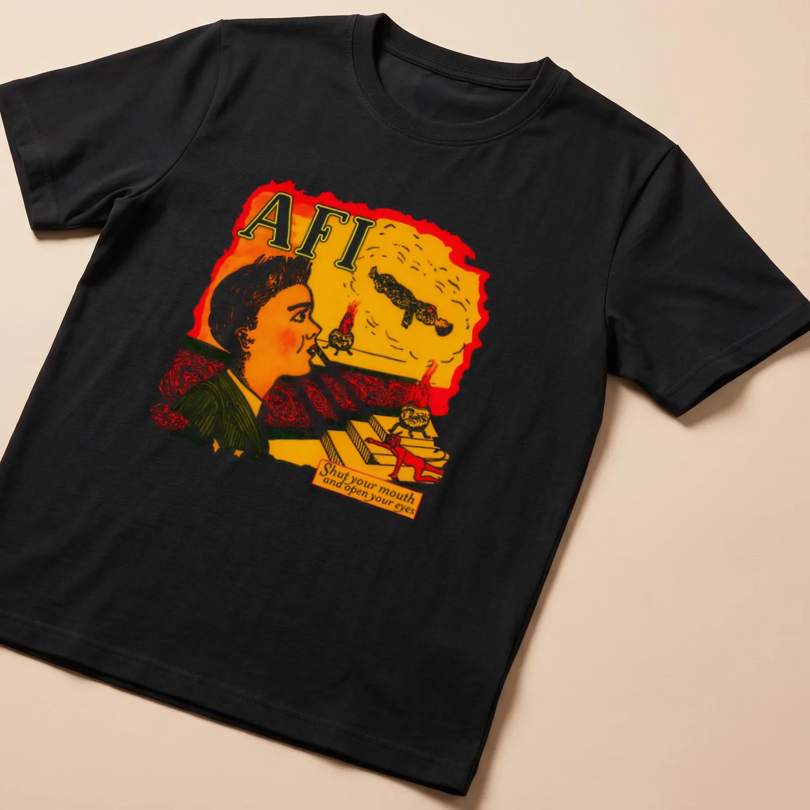 Colorful illustration with text 'AFI Shut your mouth and open your eyes' and a surreal background — printed on a unisex t-shirt