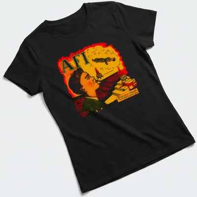 Colorful illustration with text 'AFI Shut your mouth and open your eyes' and a surreal background — printed on a women's shirt