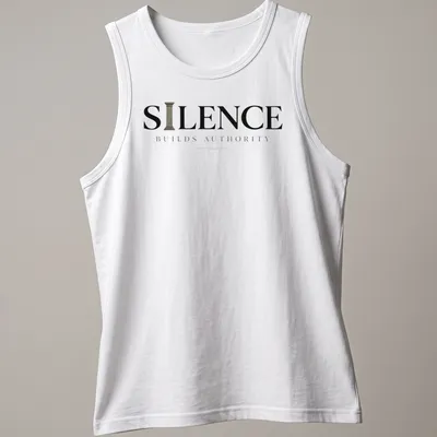 Minimal typography quote t-shirt with the phrase 'Silence Builds Authority' in black and gray text — printed on a tank top