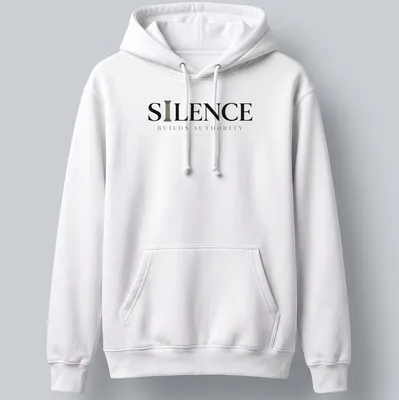 Minimal typography quote t-shirt with the phrase 'Silence Builds Authority' in black and gray text — printed on a unisex hoodie