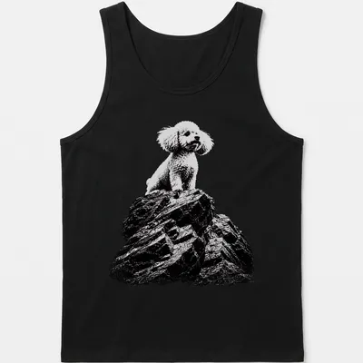 Black and white illustrated poodle on a rock with text Silence Of The Lambs — printed on a tank top
