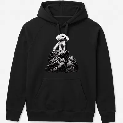 Black and white illustrated poodle on a rock with text Silence Of The Lambs — printed on a unisex hoodie