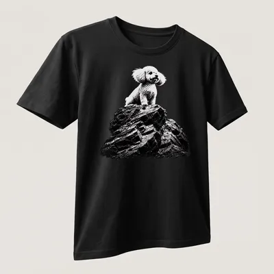 Black and white illustrated poodle on a rock with text Silence Of The Lambs — printed on a unisex t-shirt (angled view)