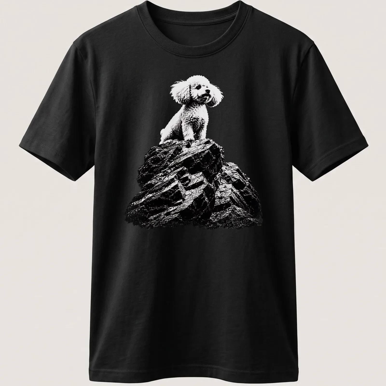 Black and white illustrated poodle on a rock with text Silence Of The Lambs — printed on a unisex t-shirt