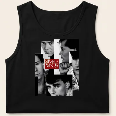 Black and white portrait collage of Simple Minds with red text tribute to their album. — printed on a tank top