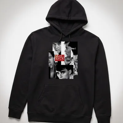 Black and white portrait collage of Simple Minds with red text tribute to their album. — printed on a unisex hoodie
