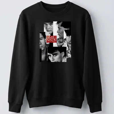 Black and white portrait collage of Simple Minds with red text tribute to their album. — printed on a unisex sweatshirt