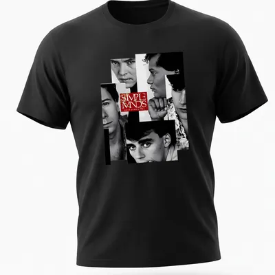 Black and white portrait collage of Simple Minds with red text tribute to their album. — printed on a unisex t-shirt