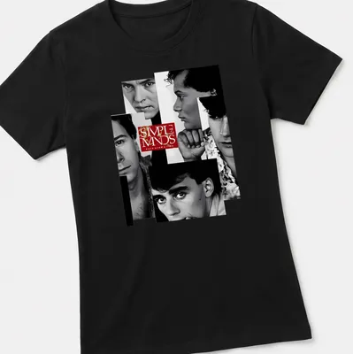Black and white portrait collage of Simple Minds with red text tribute to their album. — printed on a women's shirt