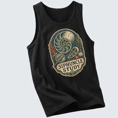 Vintage illustration of a nautilus shell with the text 'SIPHUNCLE STUDY' in soft colors. — printed on a tank top