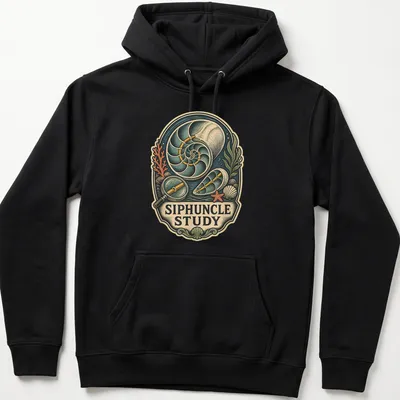 Vintage illustration of a nautilus shell with the text 'SIPHUNCLE STUDY' in soft colors. — printed on a unisex hoodie