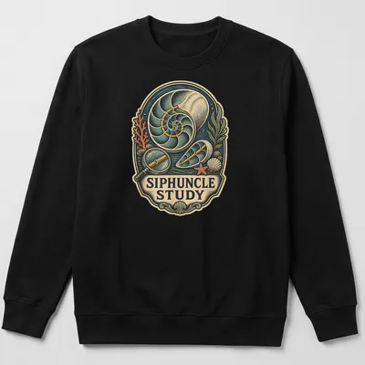 Vintage illustration of a nautilus shell with the text 'SIPHUNCLE STUDY' in soft colors. — printed on a unisex sweatshirt