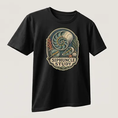 Vintage illustration of a nautilus shell with the text 'SIPHUNCLE STUDY' in soft colors. — printed on a unisex t-shirt (angled view)