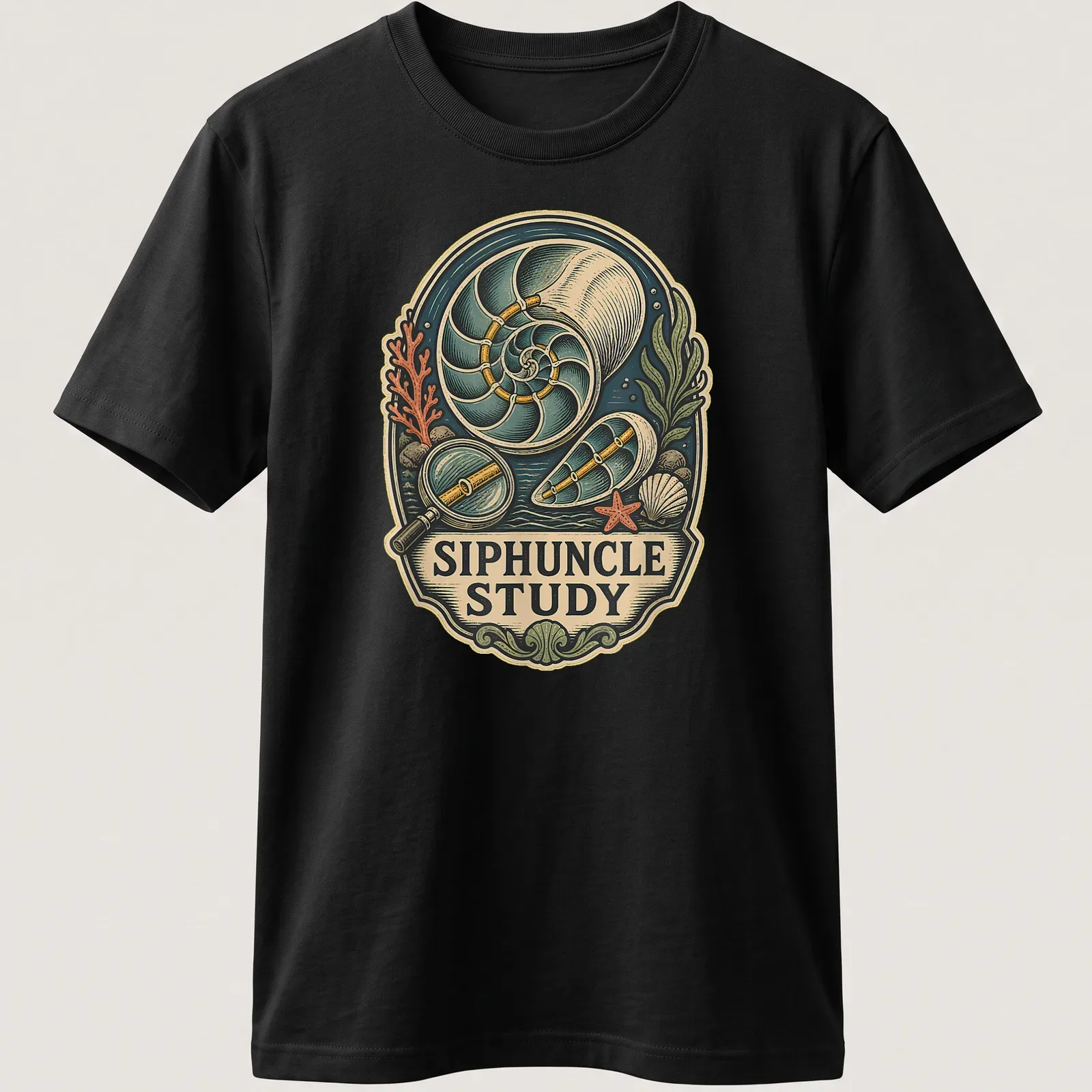 Vintage illustration of a nautilus shell with the text 'SIPHUNCLE STUDY' in soft colors. — printed on a unisex t-shirt