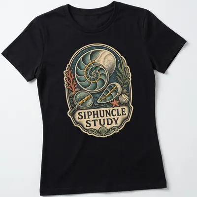 Vintage illustration of a nautilus shell with the text 'SIPHUNCLE STUDY' in soft colors. — printed on a women's shirt