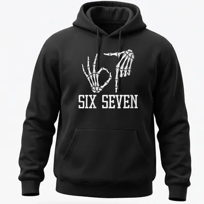 White t-shirt with skeleton hands and the text SIX SEVEN in a fun design. — printed on a unisex hoodie