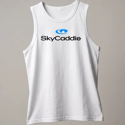 Modern SkyCaddie logo T-shirt with blue and black design — printed on a tank top