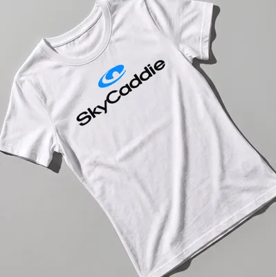 Modern SkyCaddie logo T-shirt with blue and black design — printed on a women's shirt