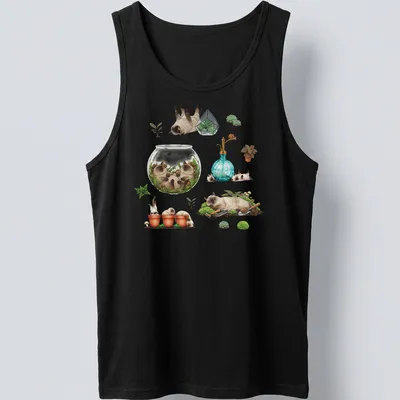 Illustration of sleepy Siamese cats surrounded by plants in a terrarium — printed on a tank top
