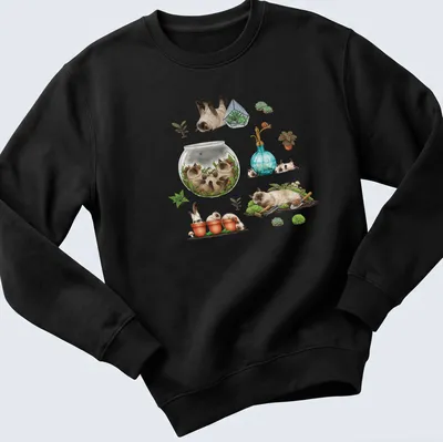 Illustration of sleepy Siamese cats surrounded by plants in a terrarium — printed on a unisex sweatshirt