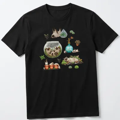 Illustration of sleepy Siamese cats surrounded by plants in a terrarium — printed on a unisex t-shirt