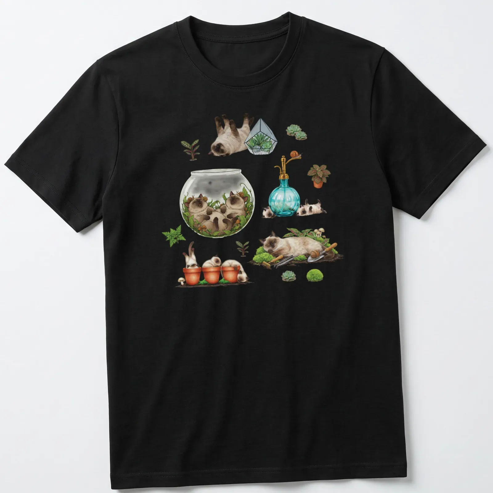 Illustration of sleepy Siamese cats surrounded by plants in a terrarium — printed on a unisex t-shirt
