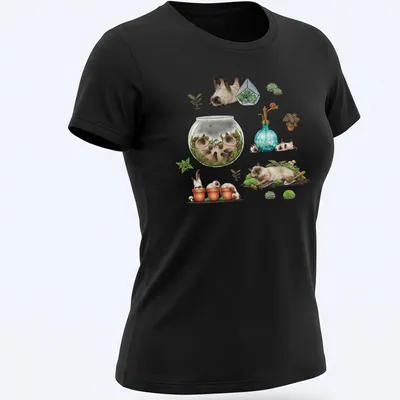 Illustration of sleepy Siamese cats surrounded by plants in a terrarium — printed on a women's shirt