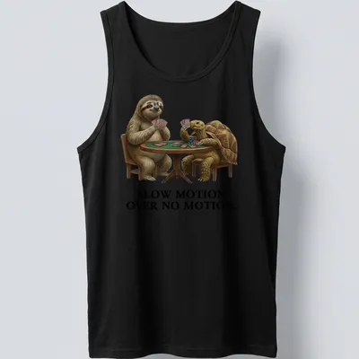 Realistic sloth and turtle playing cards with humorous text about slow movement — printed on a tank top