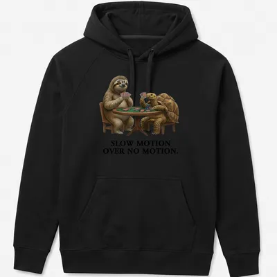 Realistic sloth and turtle playing cards with humorous text about slow movement — printed on a unisex hoodie