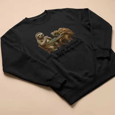 Realistic sloth and turtle playing cards with humorous text about slow movement — printed on a unisex sweatshirt