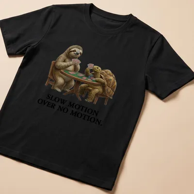 Realistic sloth and turtle playing cards with humorous text about slow movement