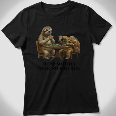 Realistic sloth and turtle playing cards with humorous text about slow movement — printed on a women's shirt