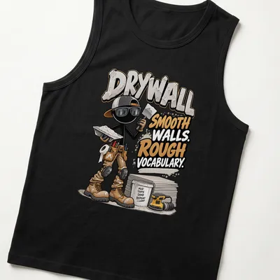 Cartoonish graphic of a drywall worker with humorous text about drywalling — printed on a tank top