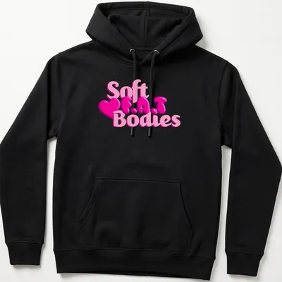 Playful pink heart design with bubble lettering reading 'Soft F.A.T Bodies' — printed on a unisex hoodie