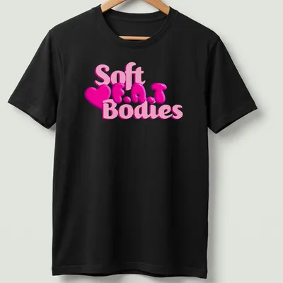 Playful pink heart design with bubble lettering reading 'Soft F.A.T Bodies'