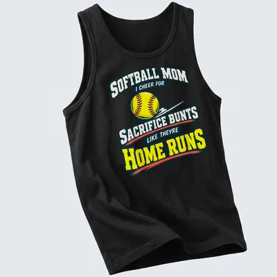 Bold retro print celebrating softball moms with colorful text — printed on a tank top
