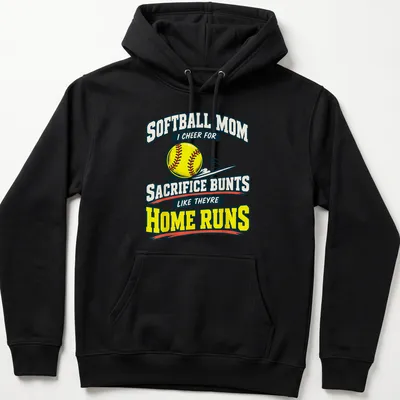 Bold retro print celebrating softball moms with colorful text — printed on a unisex hoodie