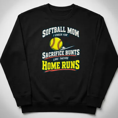 Bold retro print celebrating softball moms with colorful text — printed on a unisex sweatshirt