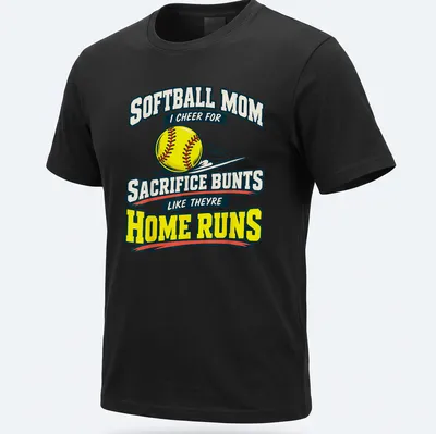 Bold retro print celebrating softball moms with colorful text