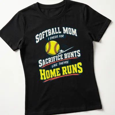 Bold retro print celebrating softball moms with colorful text — printed on a women's shirt