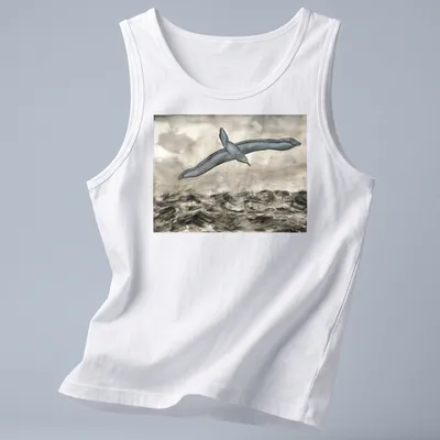 Watercolor print of an albatross flying over waves with grey, blue, and white tones — printed on a tank top