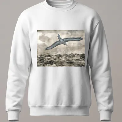 Watercolor print of an albatross flying over waves with grey, blue, and white tones — printed on a unisex sweatshirt