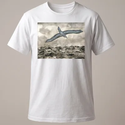 Watercolor print of an albatross flying over waves with grey, blue, and white tones